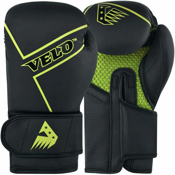 Velo black and lime boxing gloves showing the front, palm and wraparound wrist fastening