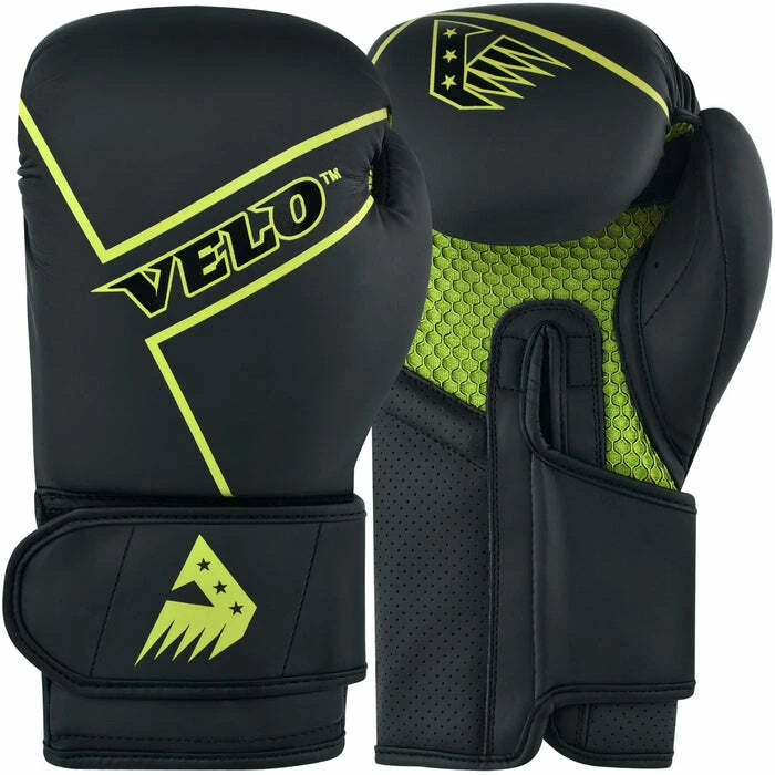 Velo Unisex Leather Boxing Gloves – Black & Lime
